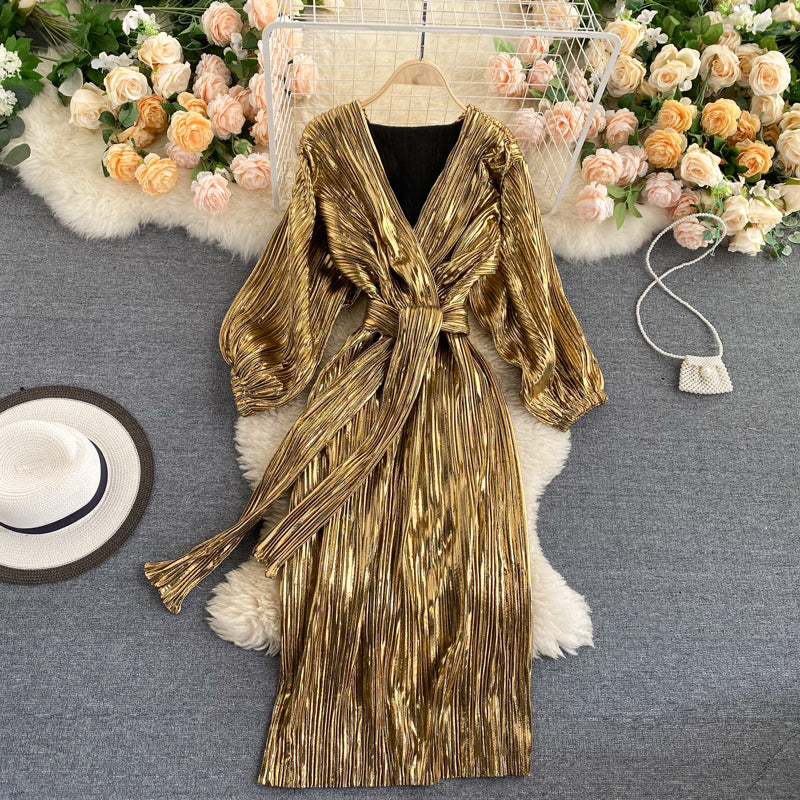 Courtly Lace-up Waist-slimming Gold Dress