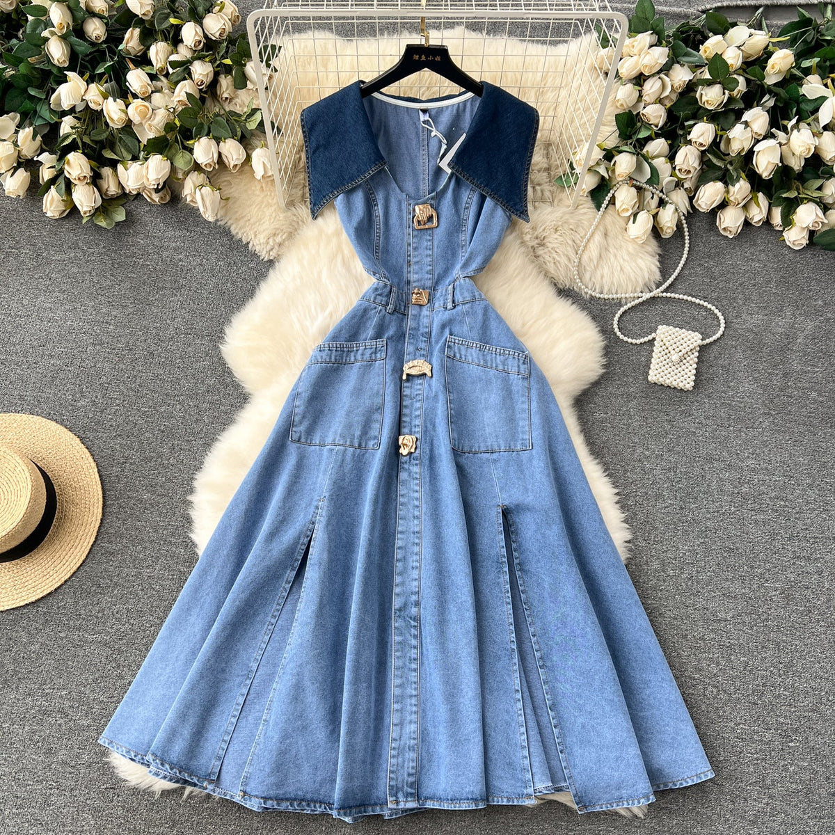Navy Collar Sleeveless Hollowed Denim Dress