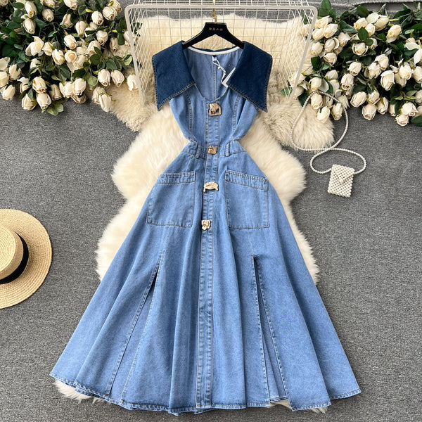 Navy Collar Sleeveless Hollowed Denim Dress