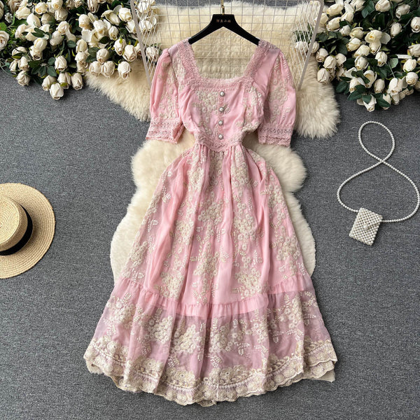 Vintage Embroidery Pink Princess Dress