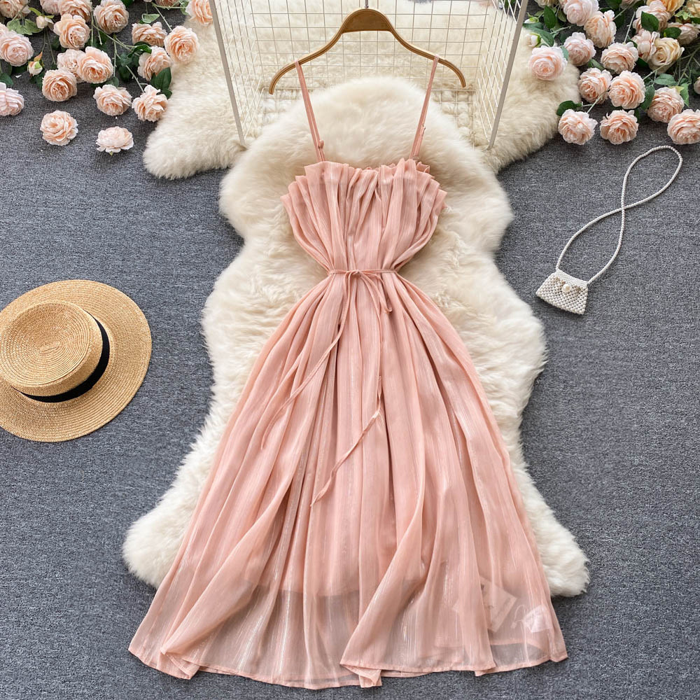 Pembe Volanlı Şifon Elbise