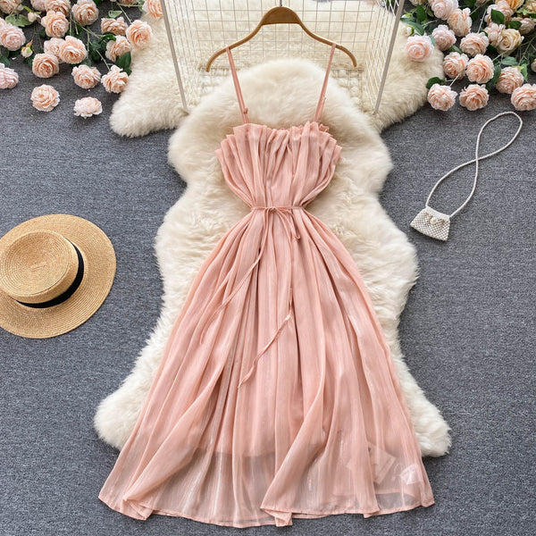 Pembe Volanlı Şifon Elbise