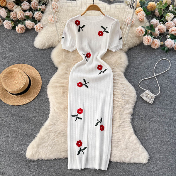 Elegant Embroidered Rose Knitted Dress