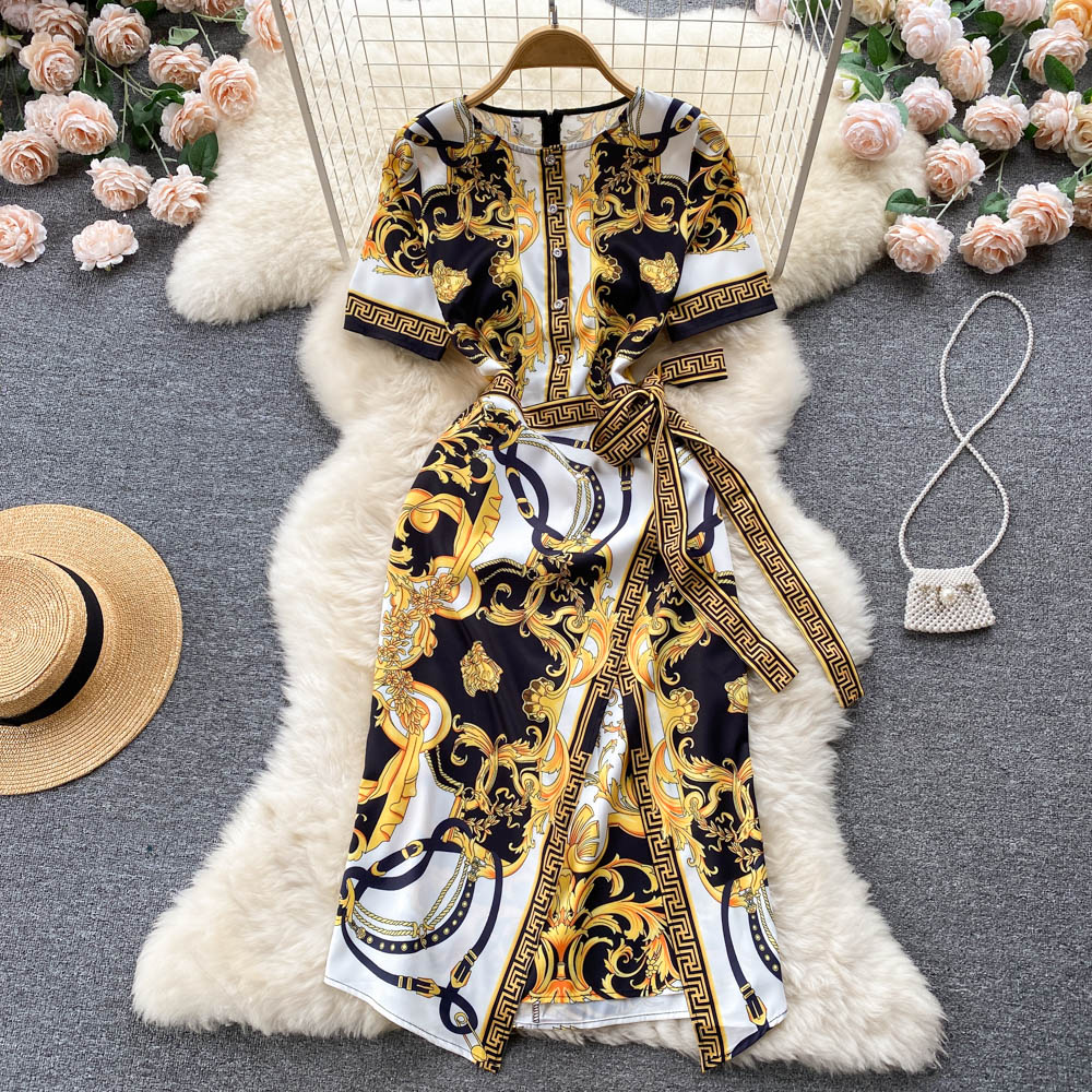 Printed Round-neck Lace-up Dress