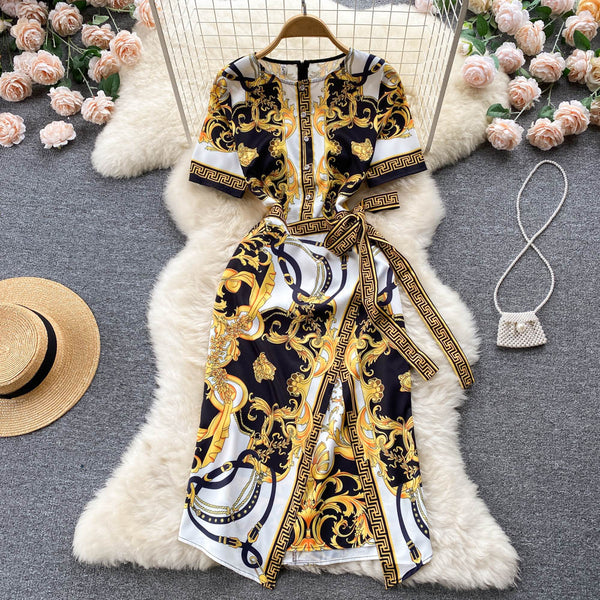 Printed Round-neck Lace-up Dress