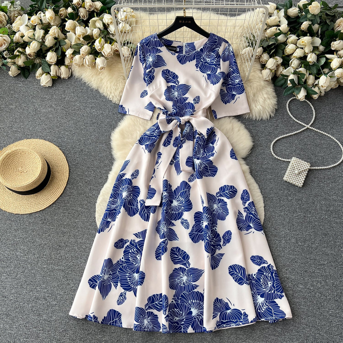 Bow-tie Round Collar Floral Dress
