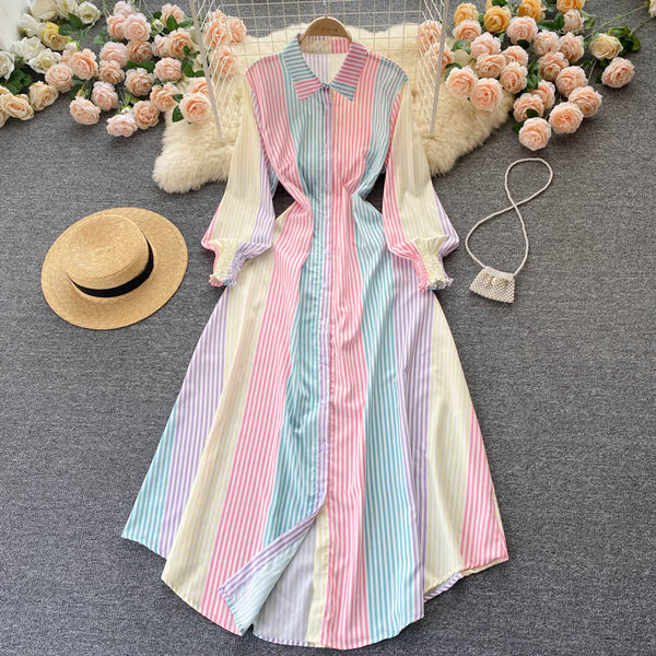 Color Blocking Striped Shirt Dress