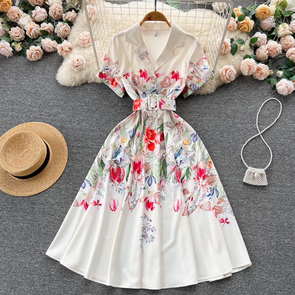 Suit Collar Floral Printed Chiffon Dress