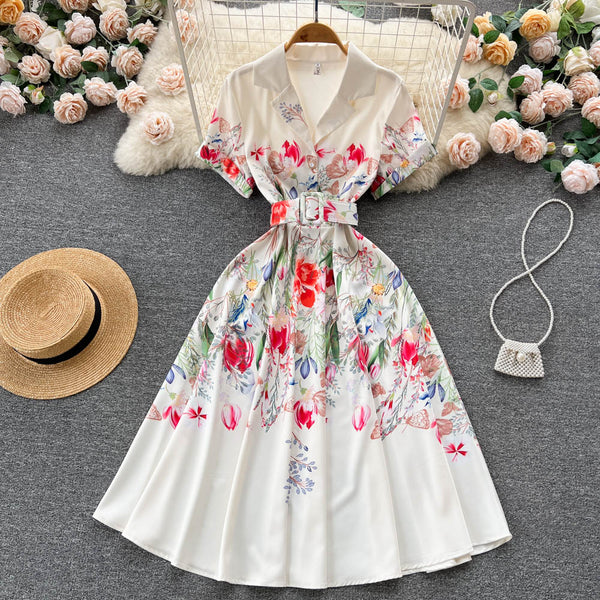 Suit Collar Floral Printed Chiffon Dress