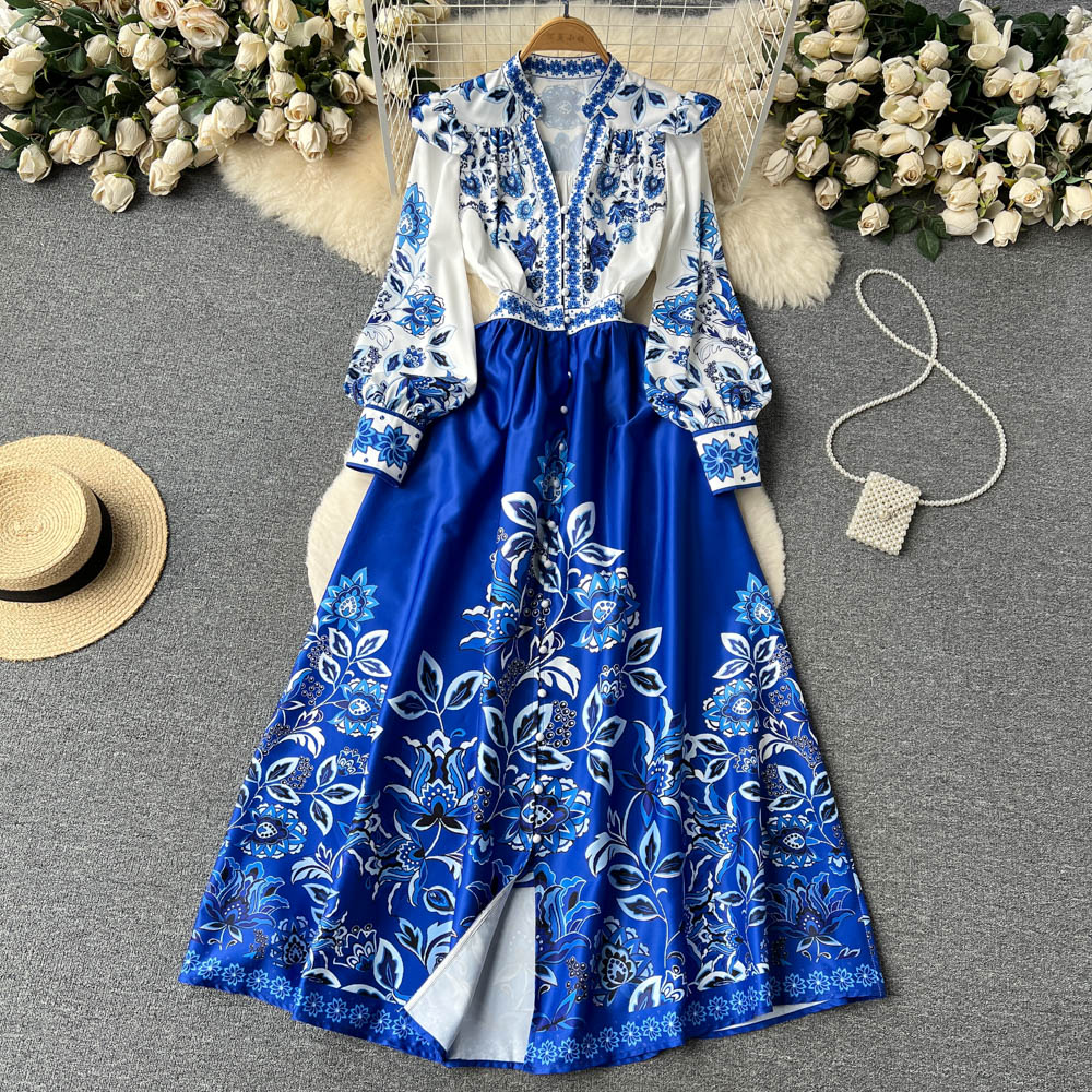 V-neck Puff Sleeve Printed Dress