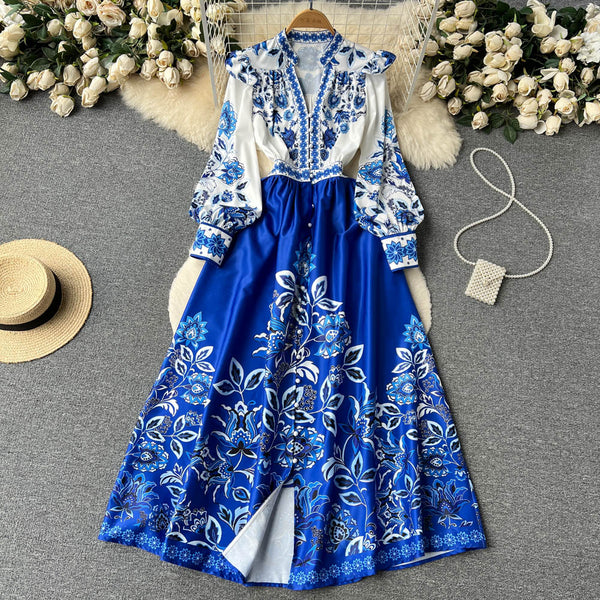 V-neck Puff Sleeve Printed Dress