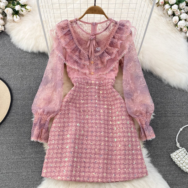 Lace Patchwork Sequin Tweed Dress
