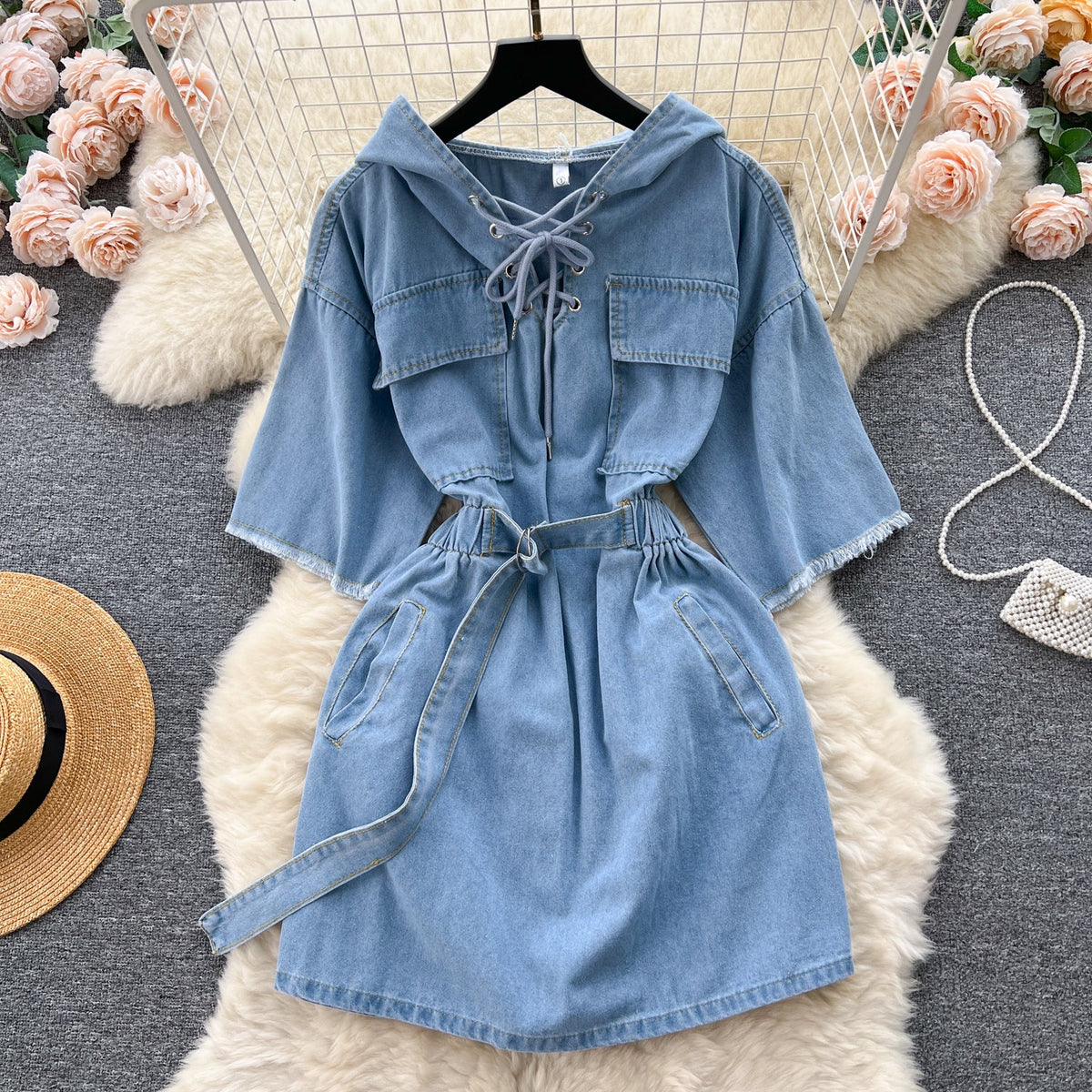 Chic Lace-up Hooded Denim Dress