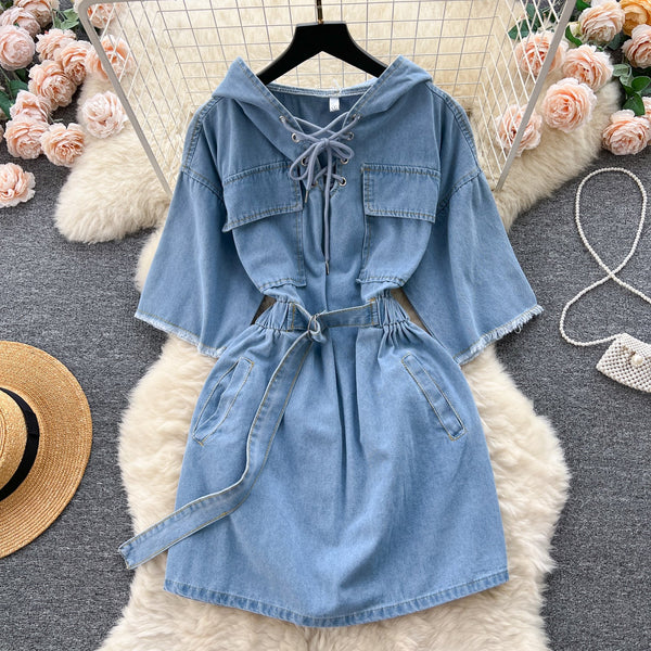 Chic Lace-up Hooded Denim Dress