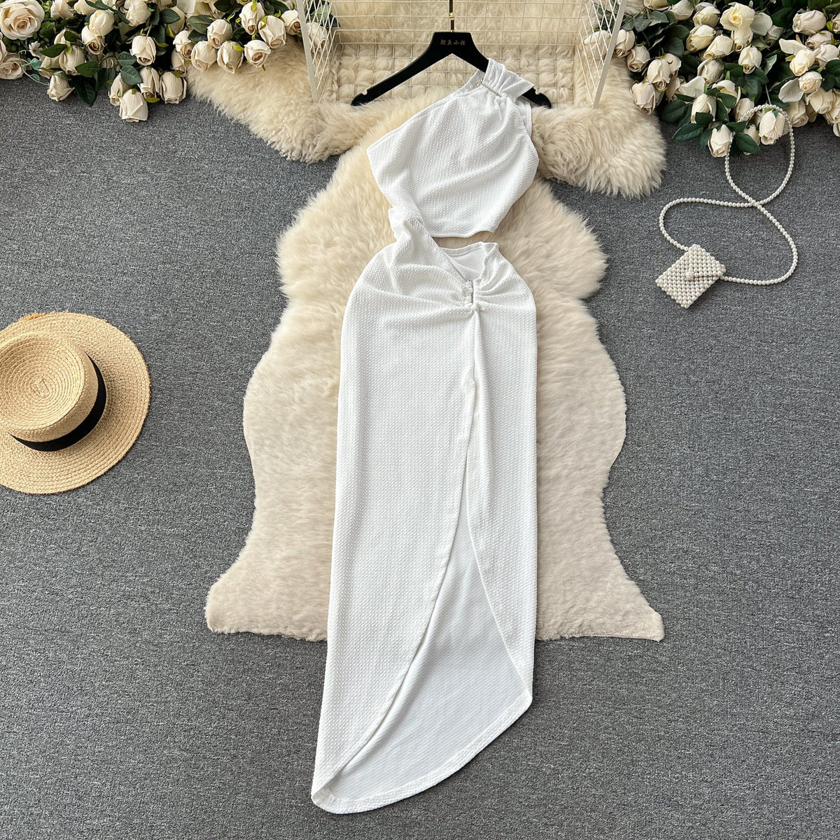 Asymmetric Slant Neckline Slit White Dress