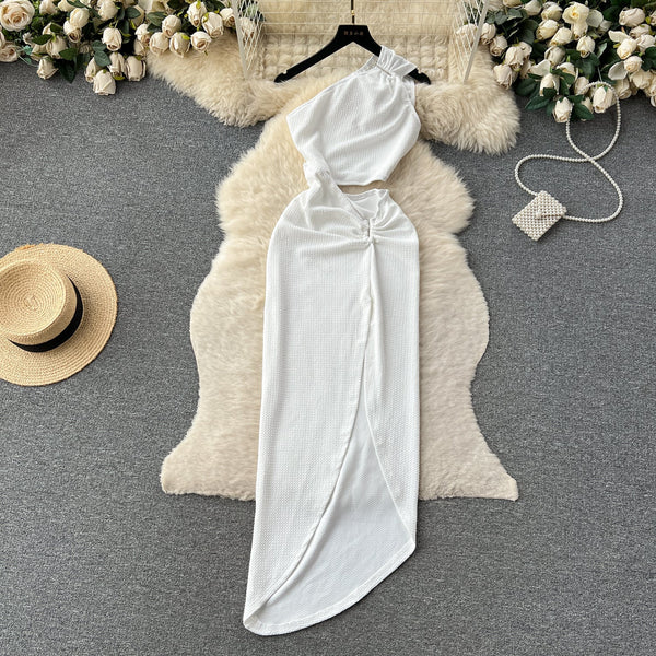 Asymmetric Slant Neckline Slit White Dress
