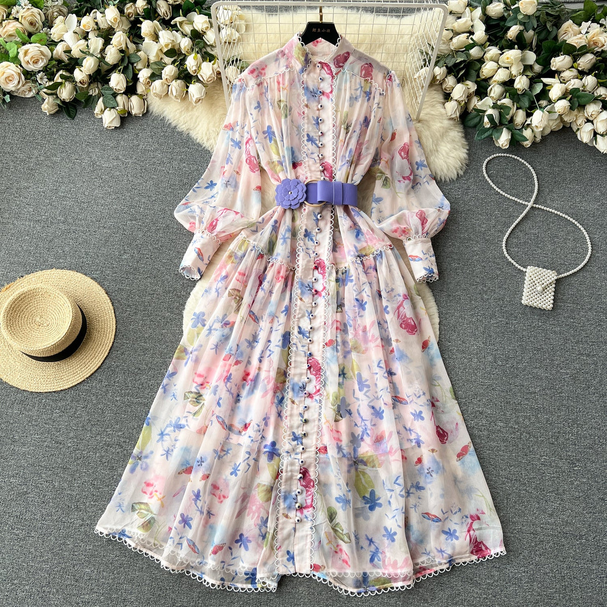 Fairy Flared Sleeve Floral Chiffon Dress