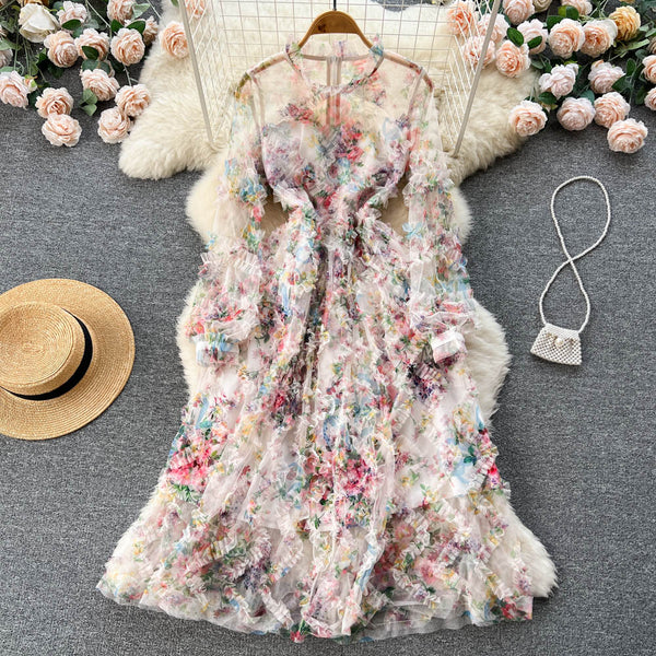 Floral Printed Hollowed Mesh Dress