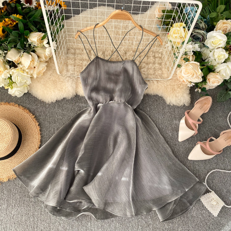 Silver Backless Crossover Halter Dress