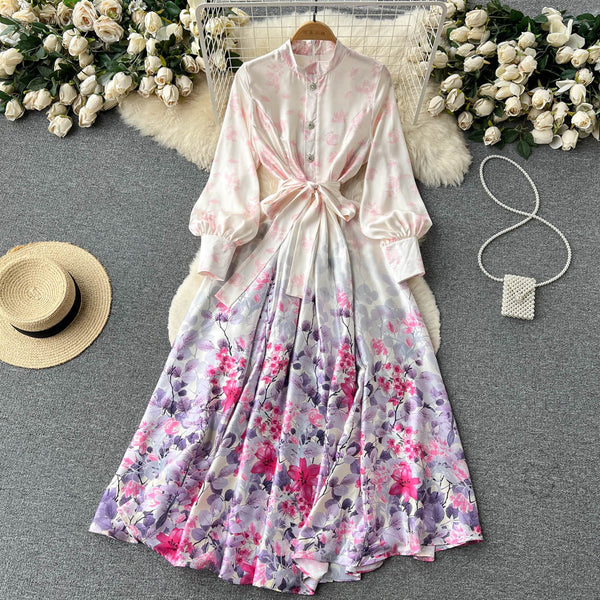 Stand Collar Patchwork Floral Chiffon Dress