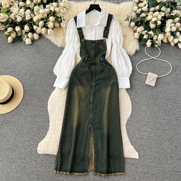 Strappy Denim Dress&White Shirt 2Pcs