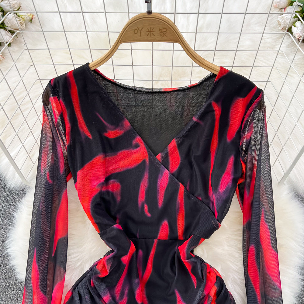 V-neck Floral Printed Mesh Dress