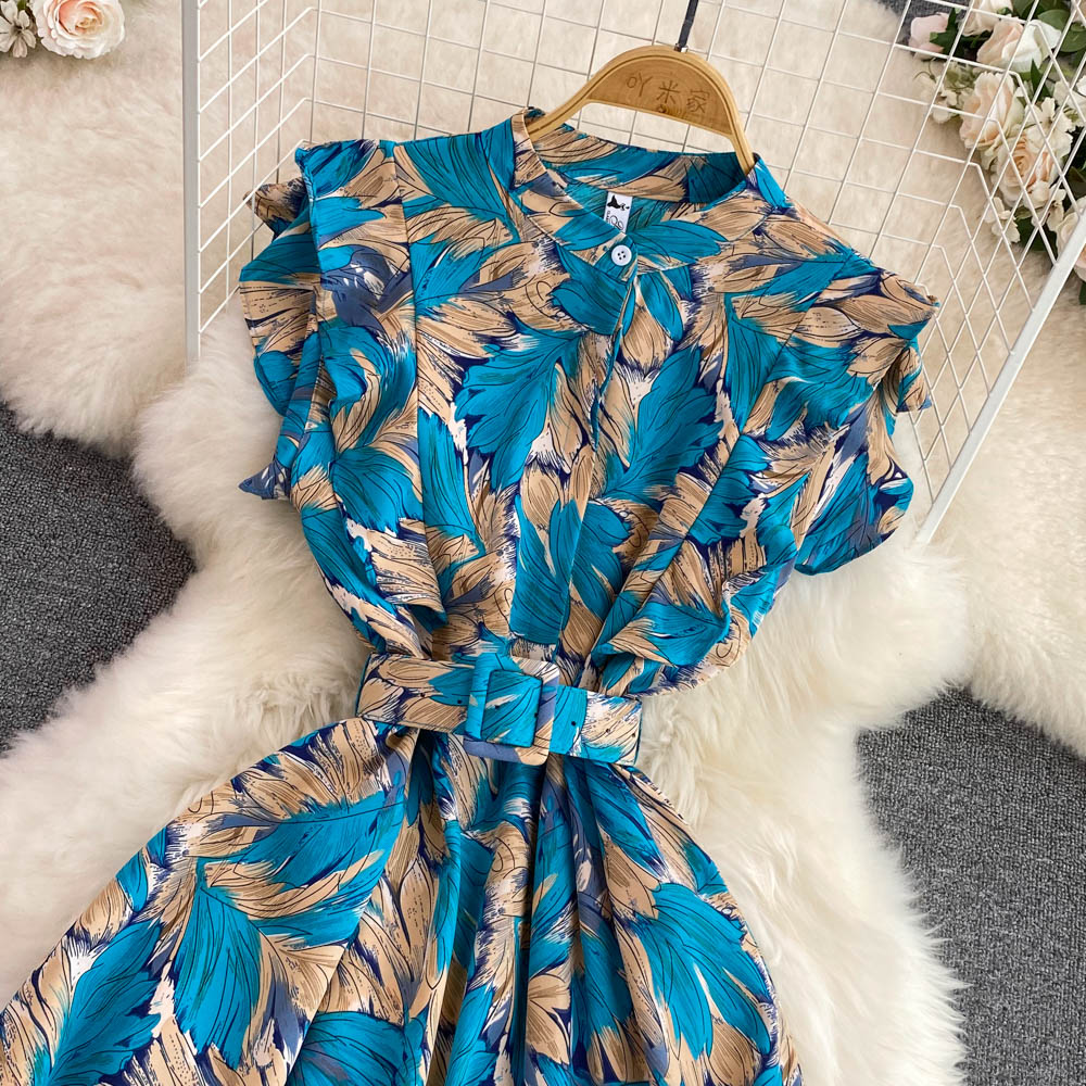 Stand Collar Floral Printed A-line Dress