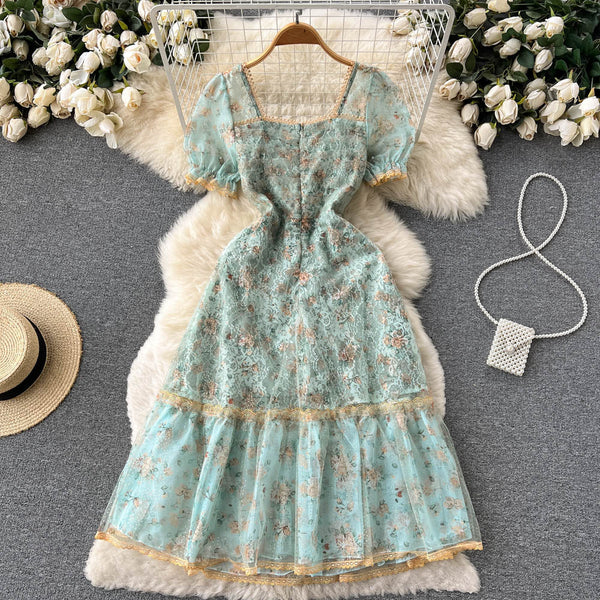 Square Neck Puff Sleeve A-line Dress