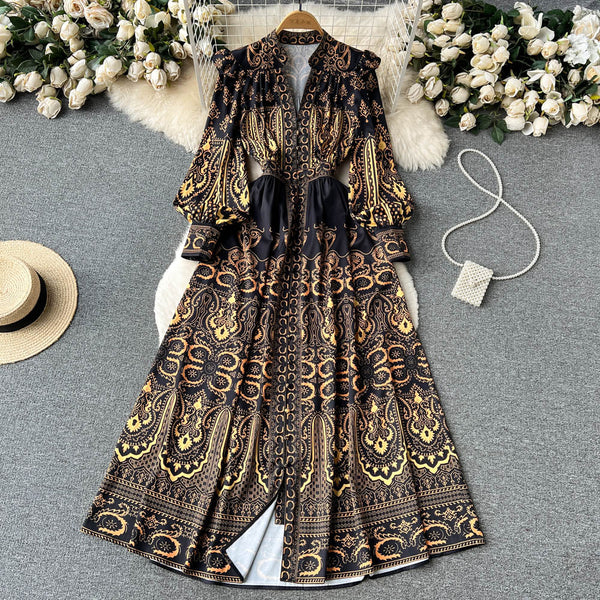 V-neck Puff Sleeve Printed Dress