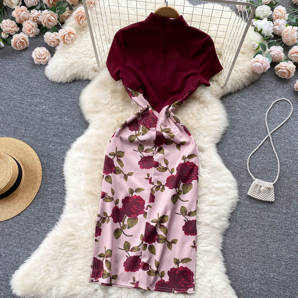 Niche Color Blocking Printed Floral Dress