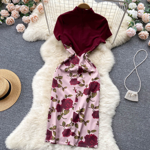 Niche Color Blocking Printed Floral Dress