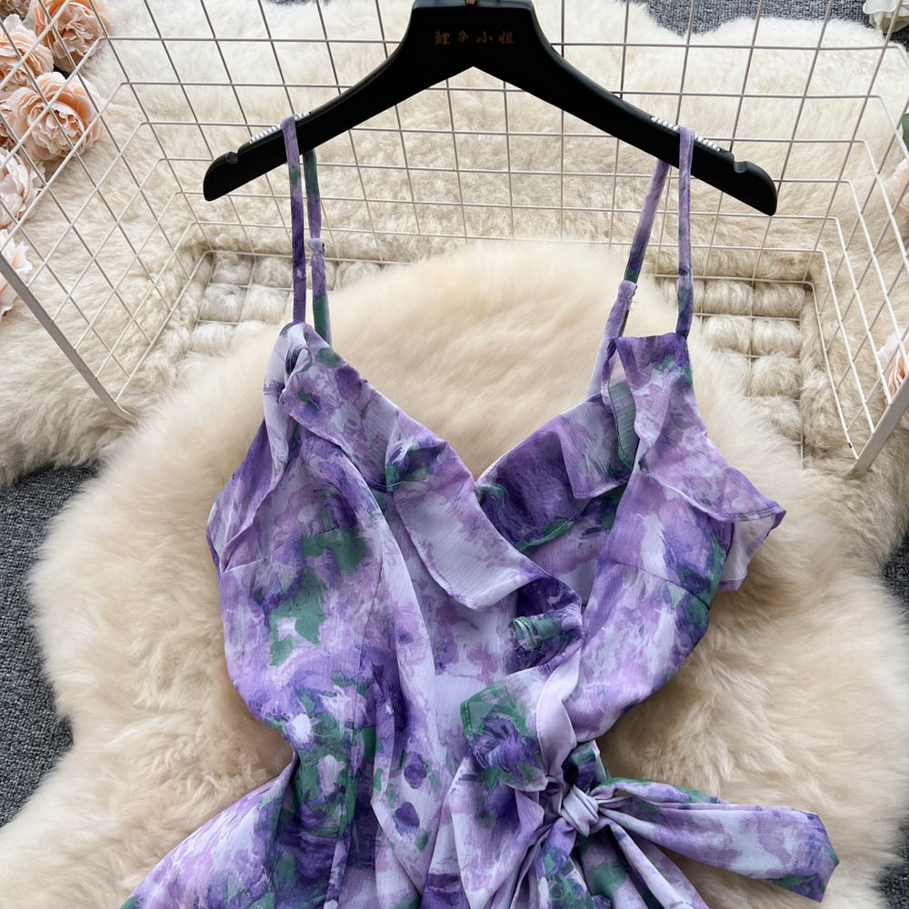 Lace-up Purple Floral Slip Dress