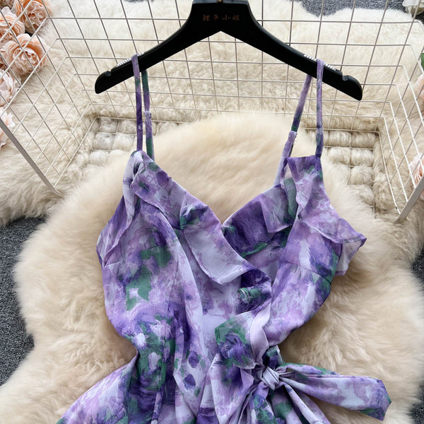 Lace-up Purple Floral Slip Dress