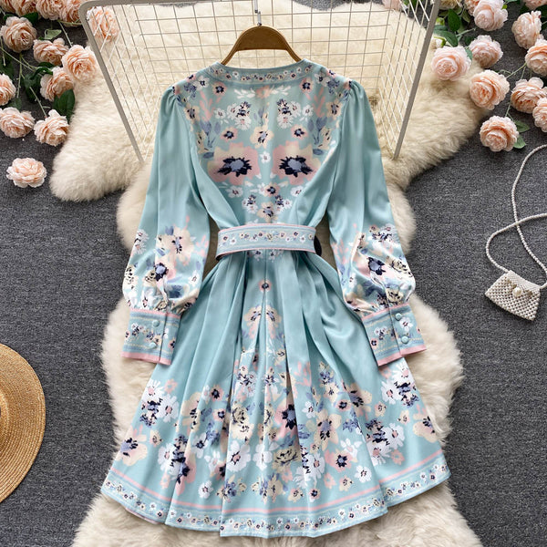 Flower Printed Long Sleeve Lace-up Dress
