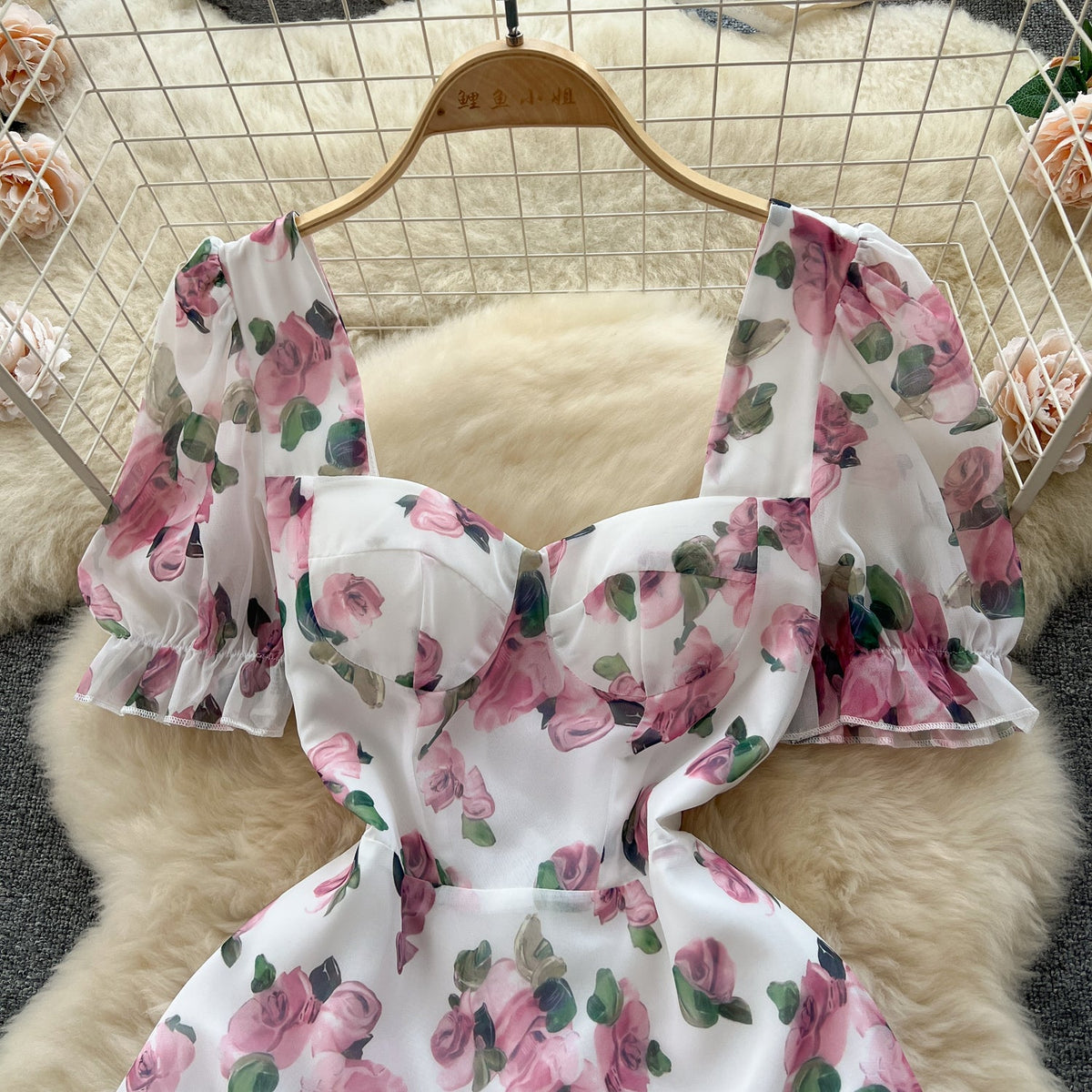 Square Collar Puff Sleeve Floral Dress