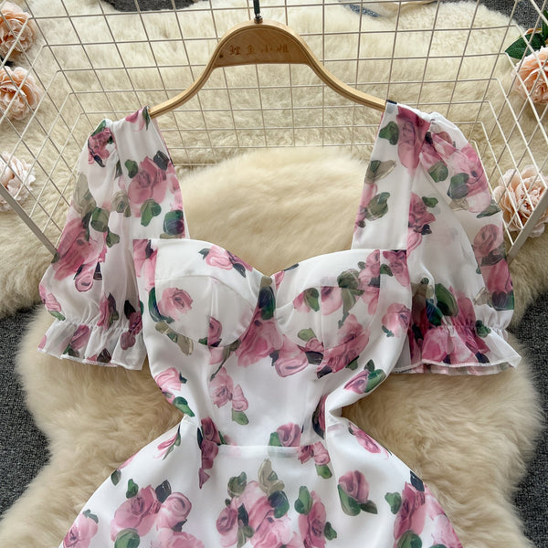 Square Collar Puff Sleeve Floral Dress