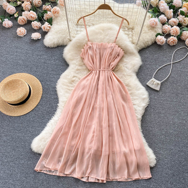 Pembe Volanlı Şifon Elbise