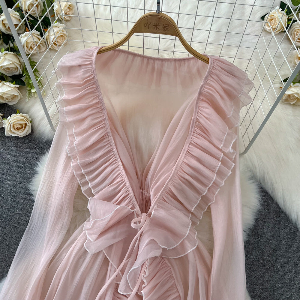 Fairy Deep V-neck Ruffled Mesh Dress