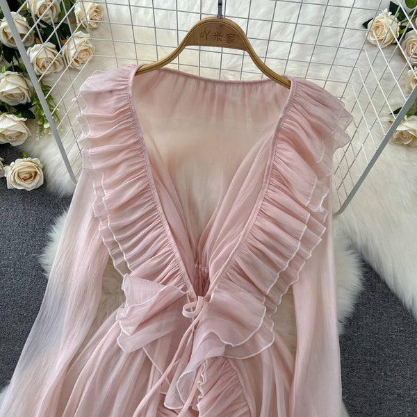 Fairy Deep V-neck Ruffled Mesh Dress