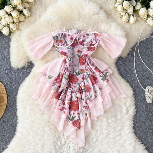 Strapless Ruffle Layered Floral Dress