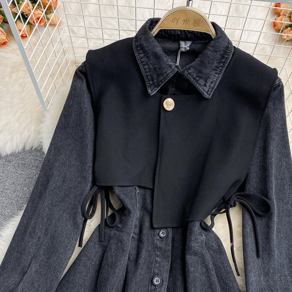 Faux Two-piece Lapeled Denim Dress