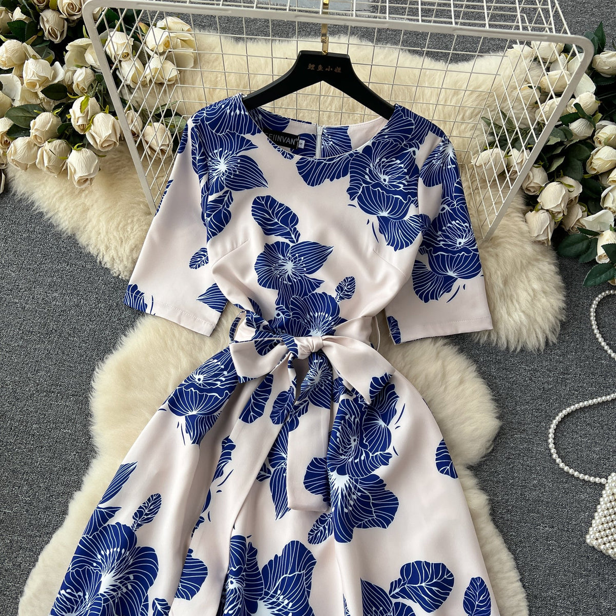 Bow-tie Round Collar Floral Dress