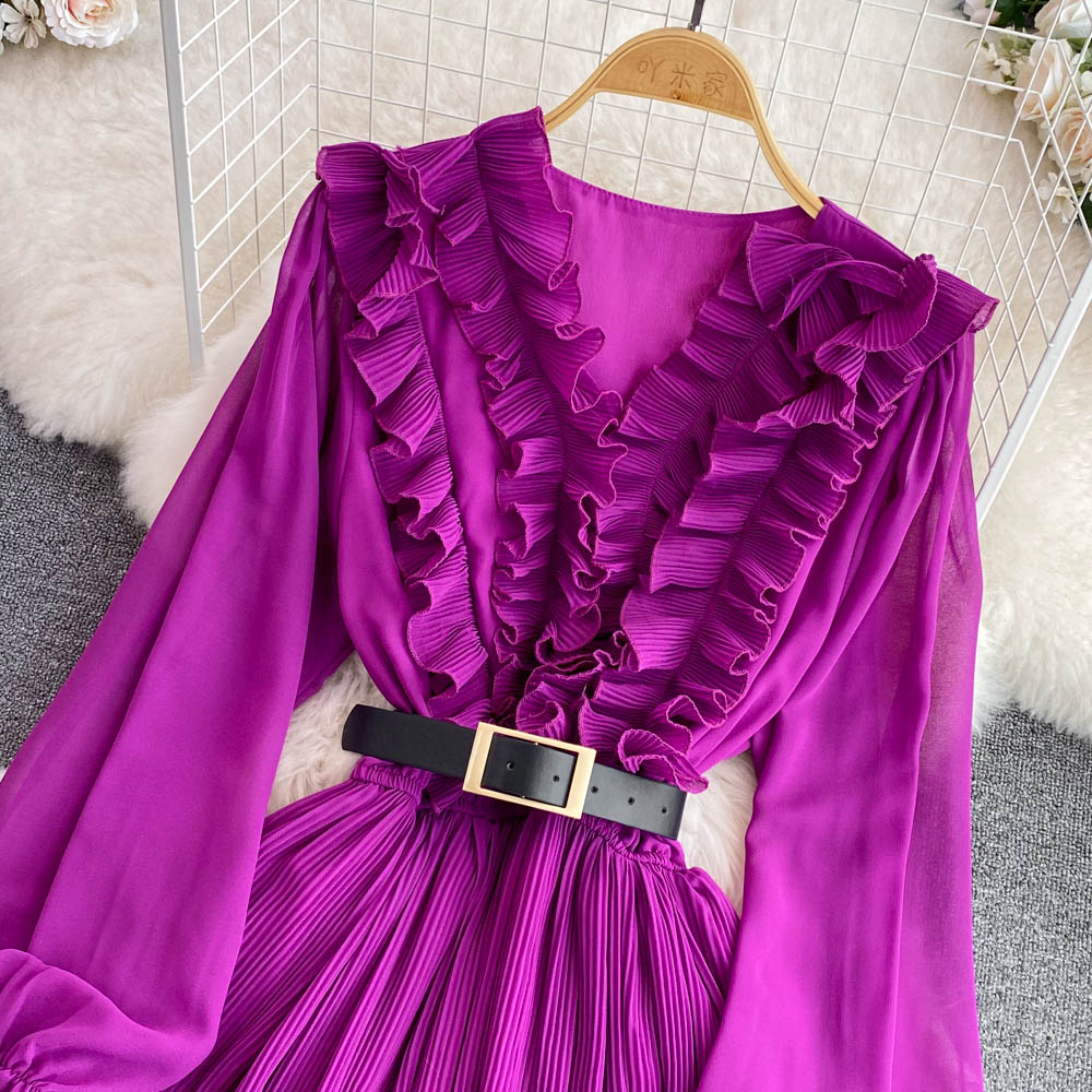 Vintage Ruffle Puffy Sleeve Pleated Dress