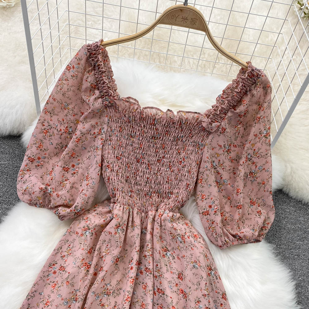 Square Collar Floral Chiffon Dress