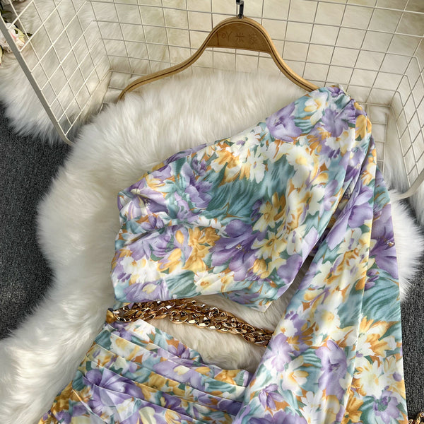 One-shoulder Slant Neckline Floral Dress