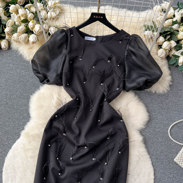 Beaded Feather-decorated Black Dress