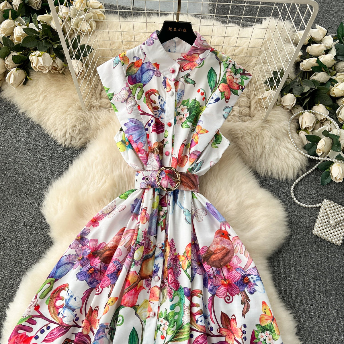 French Style Floral Sleeveless Shirt Dress