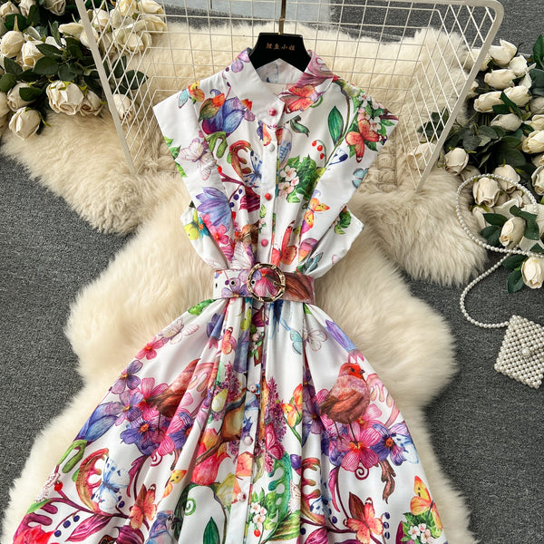 French Style Floral Sleeveless Shirt Dress