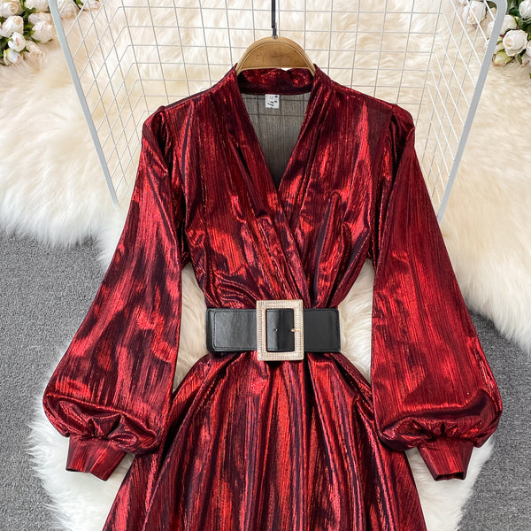 French Style Flared-sleeve Metallic Dress