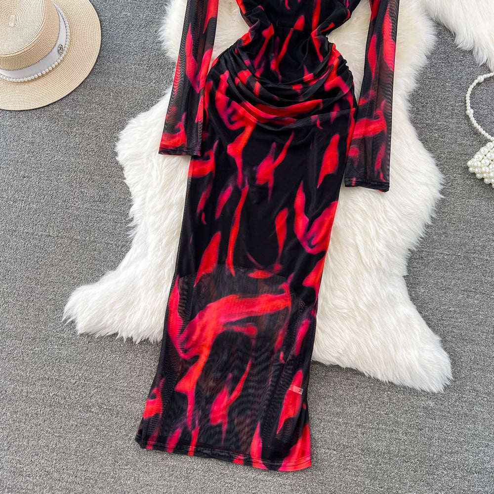 V-neck Floral Printed Mesh Dress